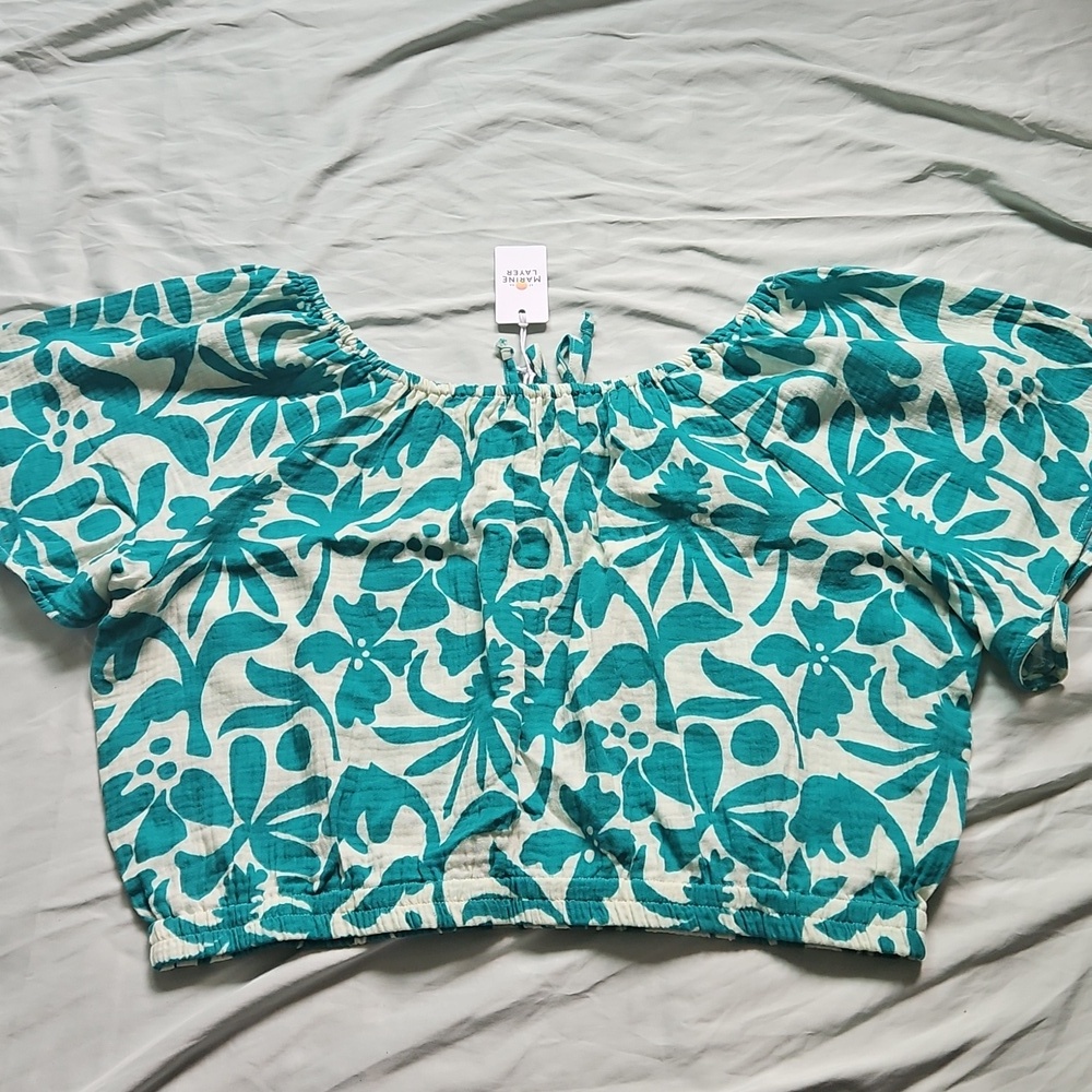 NWT Marine Layer Teal Floral Blouse, Size XL - Picture 8 of 9